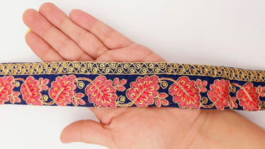 Navy Blue Trim with Floral Embroidery Salmon Pink Embroidered Leaves Trim, Decorative Trim, Indian Border